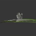 Game Movie Character Eagle Stone Sculpture on Stone Paved Platform with Green Grass and Poles