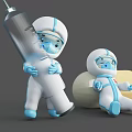Cartoon Medical Characters in Protective Suits Holding Large Syringe and Lying on Pill