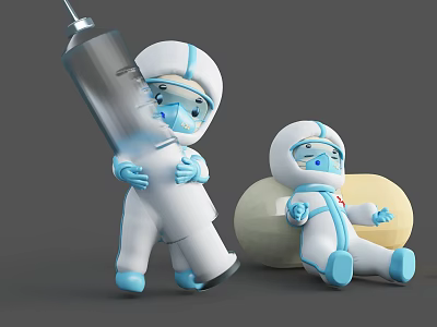 Cartoon Medical Characters in Protective Suits Holding Large Syringe and Lying on Pill 3d model