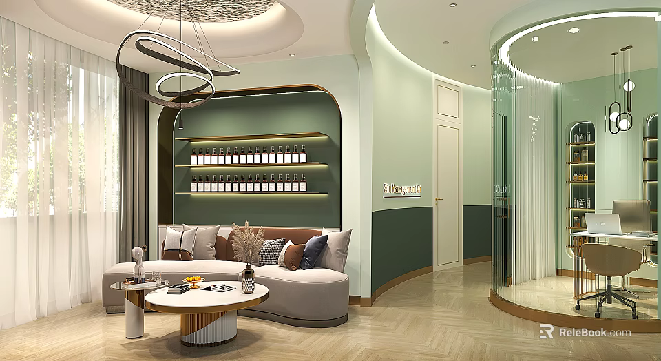 Modern Store Front Desk Interior With Green Beige Walls Sofa Pendant Lights And Decorative Shelves 3d model 