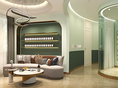 Modern Store Front Desk Interior With Green Beige Walls Sofa Pendant Lights And Decorative Shelves 3d model