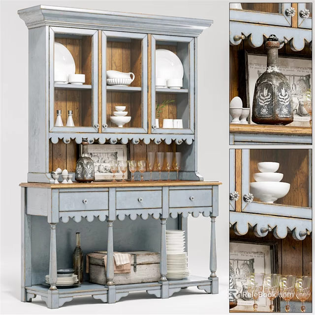 Vintage Blue Double Sofa With Wooden Cabinet And White Dinnerware Decorations 3d model 