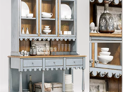 Vintage Blue Double Sofa With Wooden Cabinet And White Dinnerware Decorations 3d model
