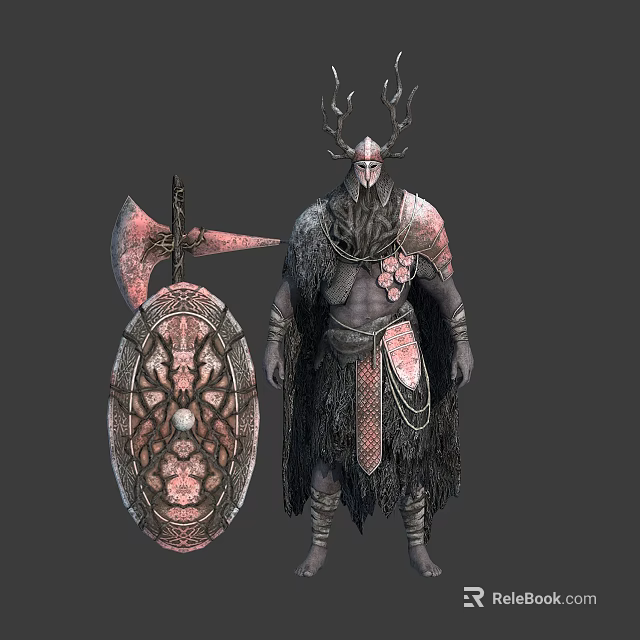 Antlered Warrior Character With Ornate Shield Axe And Decorative Armor 3d model 