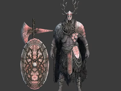 Antlered Warrior Character With Ornate Shield Axe And Decorative Armor 3d model
