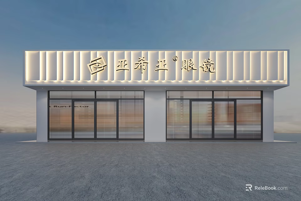 Modern Optical Shop Storefront With White Facade Horizontal Light Strips And Glass Doors 3d model 