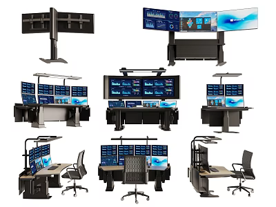Functional Workstations Featuring Multiple Display Screens Monitor Mounts And Ergonomic Office Chairs 3d model
