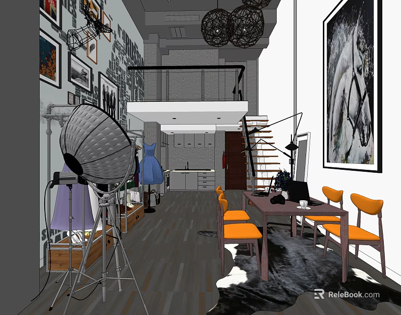 Public Office Space With Open Layout Wooden Table Orange Chairs And Wall Artworks 3d model 