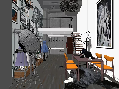 Public Office Space With Open Layout Wooden Table Orange Chairs And Wall Artworks 3d model