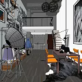 Public Office Space With Open Layout Wooden Table Orange Chairs And Wall Artworks