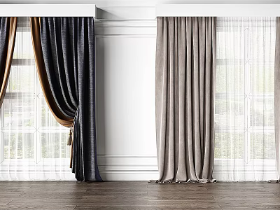 Dark And Light Gray Curtains With Sheer Panels On Windows White Walls Wooden Floor 3d model