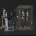 Spooky Themed Photo Spot With Traditional Costumed Figures Iron Cage Skeletons And Yellow Talismans