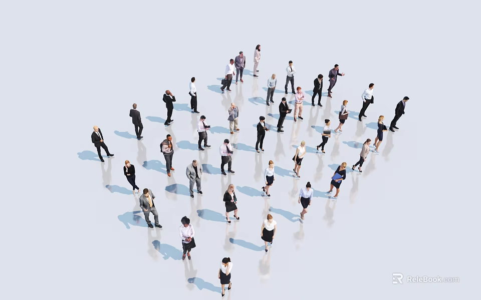 Group of Diverse People Standing in Different Directions in Open White Background Space 3d model 