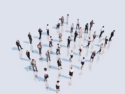 Group of Diverse People Standing in Different Directions in Open White Background Space 3d model