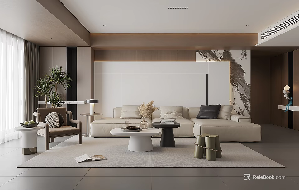 Modern Living Room Interior Design With Beige Sofa Coffee Table Green Plants and Decorative Painting 3d model 