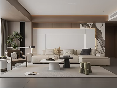 Modern Living Room Interior Design With Beige Sofa Coffee Table Green Plants and Decorative Painting 3d model
