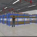 Organized Industrial Warehouse Storage With Blue Metal Shelves And Cardboard Boxes