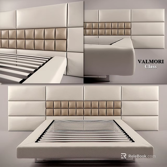 Modern Double Bed Featuring Tufted Cream Leather Headboard And Sleek Frame 3d model