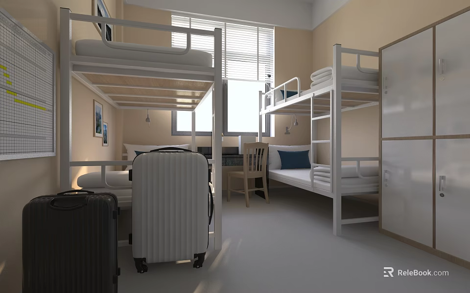 Cozy Dormitory Room Featuring Bunk Beds Suitcases Desk Chair Window And Lockers 3d model 