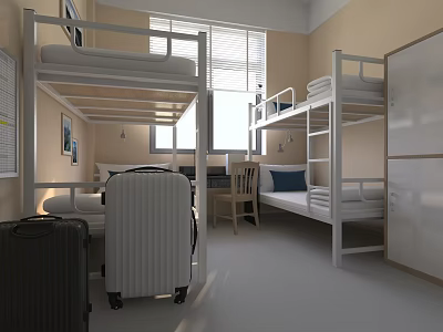Cozy Dormitory Room Featuring Bunk Beds Suitcases Desk Chair Window And Lockers 3d model