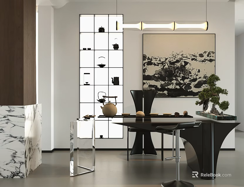 Elegant Modern Tea Room Interior Design With Black Table Decorative Painting And Bonsai Plant 3d model 