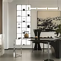 Elegant Modern Tea Room Interior Design With Black Table Decorative Painting And Bonsai Plant
