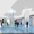 Modern Technology Exhibition Hall Featuring Glass Pillars Large Screens Blue Lighting And Visitors
