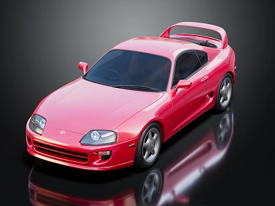 Red Two Door Sports Car With Rear Spoiler Silver Wheels And Reflection 3d model