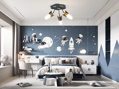 Space Theme Kids Room with Astronaut Rocket Moon and Stars Wall Mural Bed and Desk 3d model