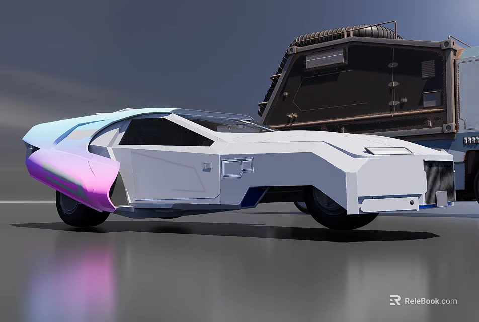 Futuristic Mechanical Weapon With Sleek White Purple Accents And Transport Vehicle 3d model 