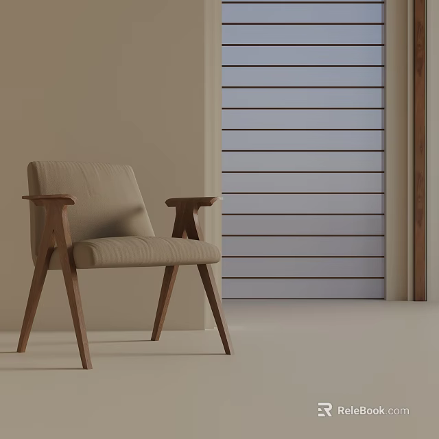 Beige Fabric Accent Chair With Wooden Armrests And Legs In Minimalist Room 3d model 