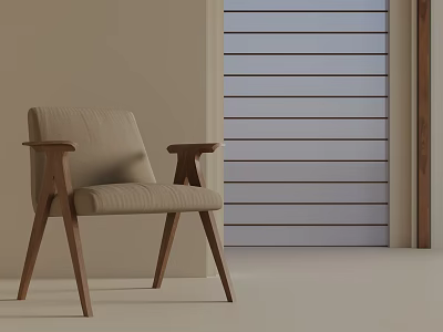 Beige Fabric Accent Chair With Wooden Armrests And Legs In Minimalist Room 3d model