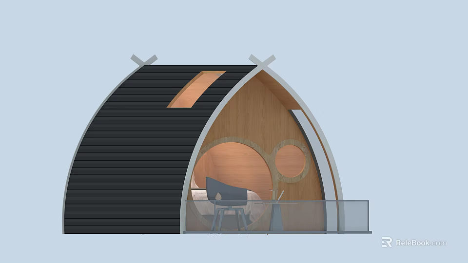 Modern Curved Roof Wooden House with Skylight Round Entrance and Balcony Glass Railing 3d model 