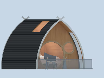 Modern Curved Roof Wooden House with Skylight Round Entrance and Balcony Glass Railing 3d model