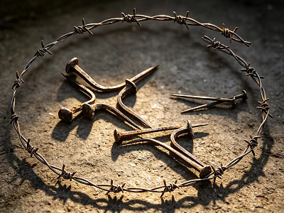 Rusted Industrial Equipment Metal Tools in Barbed Wire Circle on Ground 3d model