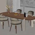 Elegant Wooden Dining Table Set With Four Chairs Fruit Plate Vase And Wine Bottle