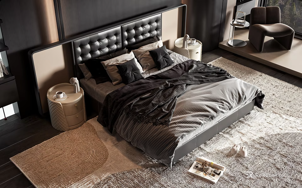 Modern Double Bed With Tufted Headboard Black Gray Bedding Bedside Tables And Rug 3d model 