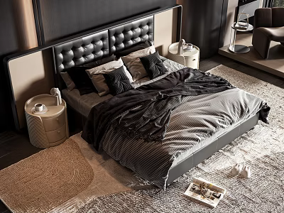 Modern Double Bed With Tufted Headboard Black Gray Bedding Bedside Tables And Rug 3d model