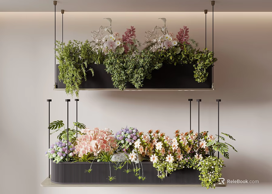 Modern Indoor Hanging Planters With Green Plants And Colorful Flowers For Decor 3d model 