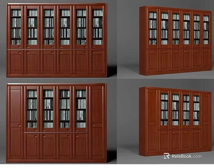 Dark Brown Wooden Bookcase With Glass Doors Drawers And Books Inside 3d model 