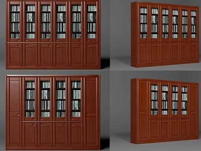 Dark Brown Wooden Bookcase With Glass Doors Drawers And Books Inside 3d model