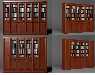 Dark Brown Wooden Bookcase With Glass Doors Drawers And Books Inside 3d model
