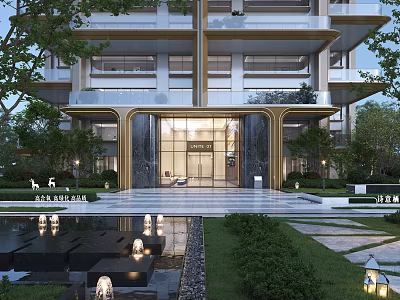 Elegant Modern Residential Building Exterior With Grand Marble Entrance And Landscaped Greenery Lighting 3d model
