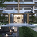 Elegant Modern Residential Building Exterior With Grand Marble Entrance And Landscaped Greenery Lighting