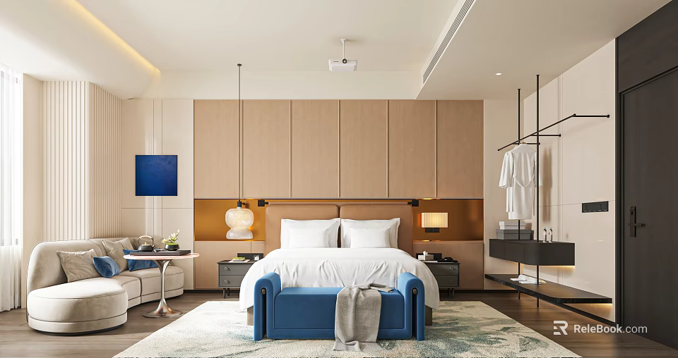 Modern Stylish Hotel Room Interior With Large Bed Wooden Accent Wall And Blue Bench 3d model 