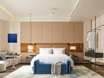 Modern Stylish Hotel Room Interior With Large Bed Wooden Accent Wall And Blue Bench 3d model