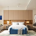 Modern Stylish Hotel Room Interior With Large Bed Wooden Accent Wall And Blue Bench