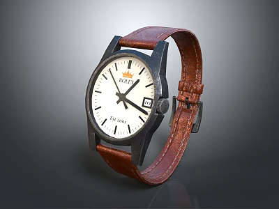 Classic Automatic Watch With White Dial Black Case And Brown Leather Strap 3d model