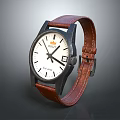 Classic Automatic Watch With White Dial Black Case And Brown Leather Strap 3d model