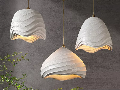 Textured White Wave Shaped Pendant Lights with Gold Hanging Chains on Grey Wall 3d model